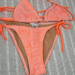 MIGUELINA Orange Lace Two Piece String Bikini Set Women’s Small